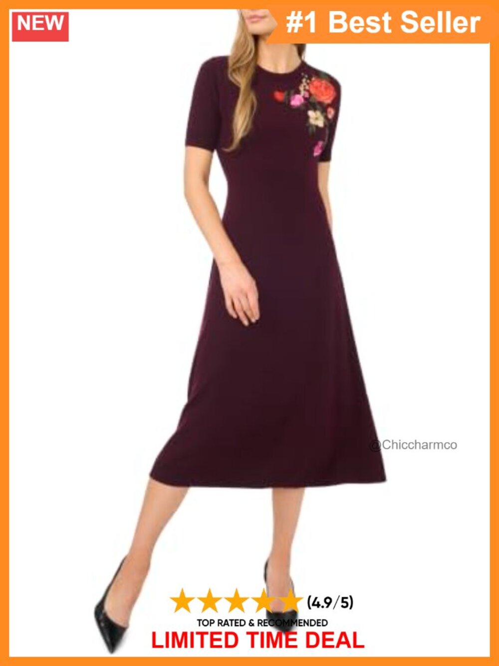 Floral Embroidered Midi Dress Short Cuff Sleeve Shift Crew Neck Pull On
